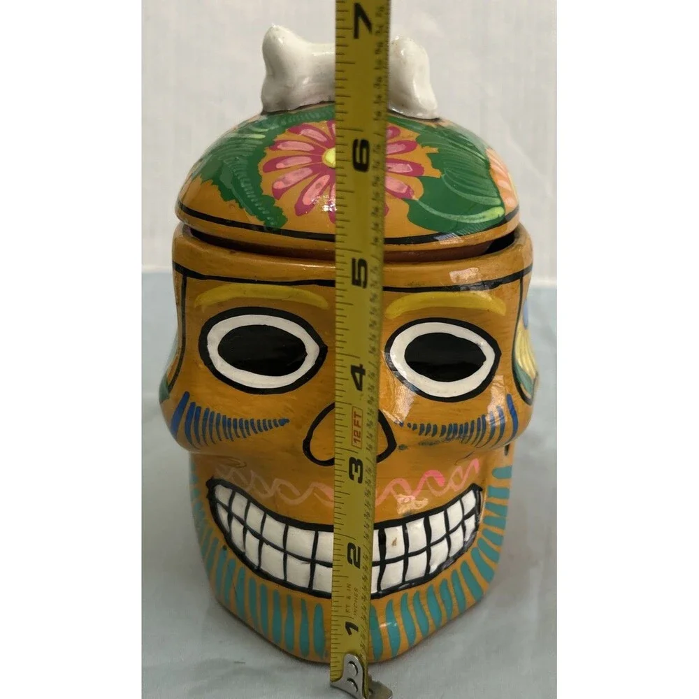 Sugar Skull Jar, Trinket Box With Lid Day of the Dead Mexico Light Orange